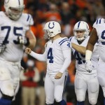 Indianapolis Colts kicker Adam Vinatieri (4) celebrates his field goal with Matt Overton (45) as Jack Mewhort (75) and Montori Hughes (95) turn to the bench during the second half of an NFL divisional playoff football game against the Denver Broncos, Sunday, Jan. 11, 2015, in Denver. (AP Photo/Joe Mahoney)
