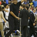Georgia State head coach Ron Hunter celebrates as he goes on the court after defeating Baylor 57-56 in the secound round of the NCAA college basketball tournament, Thursday, March 19, 2015, in Jacksonville, Fla. (AP Photo/Chris O'Meara)