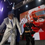 Nebraska defensive lineman Randy Gregory celebrates after being selected by the Dallas Cowboys as the 60th pick in the second round of the 2015 NFL Football Draft, Friday, May 1, 2015, in Chicago. (AP Photo/Charles Rex Arbogast)