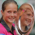 Russia's Darya Kasatkina holds her trophy after winning the junior girls' final match against Serbia's Ivana Jorovic of the French Open tennis tournament at the Roland Garros stadium, in Paris, France, Saturday, June 7, 2014. Kasatkina won 6-7, 6-2, 6-3. (AP Photo/Michel Spingler)