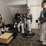Members of the West Point Cadet Color Guard wait in a green room before carrying out the colors for the New York Yankees opening day baseball game against the Toronto Blue Jays in New York, Monday, April 6, 2015. (AP Photo/Kathy Willens)