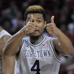 Georgetown guard D'Vauntes Smith-Rivera gestures during the second half of an NCAA college basketball second round game against Eastern Washington in Portland, Ore., Thursday, March 19, 2015. Smith-Rivera scored 25 points as Georgetown won 84-74. (AP Photo/Craig Mitchelldyer)