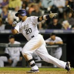 Colorado Rockies' Wilin Rosario tosses his bat after hitting an RBI-single in the fifth inning of a baseball game against the Arizona Diamondbacks, Friday, Sept. 19, 2014, in Denver. (AP Photo/Chris Schneider)