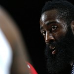 United States' James Harden pauses during the final World Basketball match between the United States and Serbia at the Palacio de los Deportes stadium in Madrid, Spain, Sunday, Sept. 14, 2014. (AP Photo/Daniel Ochoa de Olza)