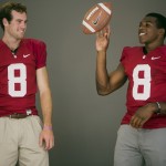 Stanford quarterback Kevin Hogan, left, and defensive back Jordan Richard pose for photos at the 2014 Pac-12 NCAA college football media days at Paramount Studios in Los Angeles Thursday, July 24, 2014. (AP Photo)