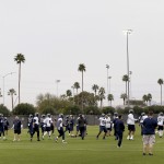 The Seattle Seahawks runs drills during a team practice for NFL Super Bowl XLIX football game, Thursday, Jan. 29, 2015, in Tempe, Ariz. The Seahawks play the New England Patriots in Super Bowl XLIX on Sunday, Feb. 1, 2015. (AP Photo/Matt York)