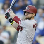 Arizona Diamondbacks' Ender Inciarte hits an RBI single to score Jordan Pacheco against the during the second inning of a baseball game, Saturday, May 2, 2015, in Los Angeles. (AP Photo/Danny Moloshok)