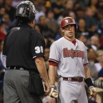 Arizona Diamondbacks' Paul Goldschmidt has words with home plate umpire Gary Cederstrom after being called out on strikes to end the the top of the fifth inning of a baseball game against the San Diego Padres on Saturday, June 27, 2015, in San Diego. (AP Photo/Lenny Ignelzi)
