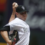 Colorado Rockies starting pitcher Tyler Matzek works against the Arizona Diamondbacks in the first inning of the first game of a baseball doubleheader Wednesday, May 6, 2015, in Denver. (AP Photo/David Zalubowski)