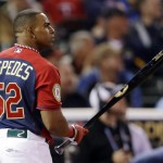  American League's Yoenis Cespedes, of the Oakland Athletics, reacts during the final round of the MLB All-Star baseball Home Run Derby, Monday, July 14, 2014, in Minneapolis. Cespedes defeated National League's Todd Frazier, of the Cincinnati Reds, in the finals. (AP Photo/Jeff Roberson)