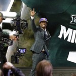 Michigan State defensive back Trae Waynes celebrates after being selected by the Minnesota Vikings as the 11th pick in the first round of the 2015 NFL Draft, Thursday, April 30, 2015, in Chicago. (AP Photo/Nam Y. Huh)