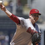 Arizona Diamondbacks starting pitcher Trevor Cahill throws against the San Diego Padres in the first inning of a baseball game Monday, Sept. 1, 2014, in San Diego. (AP Photo/Lenny Ignelzi)
