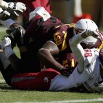 Washington State's Isiah Myers (88) is stopped just short of the end zone by the Arizona State defense during the first half of an NCAA college football game Saturday, Nov. 22, 2014, in Tempe, Ariz. (AP Photo/Ross D. Franklin)