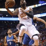Phoenix Suns guard Marcus Thornton (23) drives against the Minnesota Timberwolves during the fourth quarter of an NBA basketball game, Wednesday, March 11, 2015, in Phoenix. The Suns won 106-97. (AP Photo/Rick Scuteri)