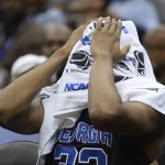 Georgia State forward Markus Crider sits on the bench after he fouled out in the second half of an NCAA tournament third round college basketball game against Xavier, Saturday, March 21, 2015, in Jacksonville, Fla. Xavier won 75-67. (AP Photo/Rick Wilson)