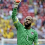 United States' goalkeeper Tim Howard gives a thumbs up to supporters after qualifying for the next World Cup round following their 1-0 loss to Germany during the group G World Cup soccer match between the USA and Germany at the Arena Pernambuco in Recife, Brazil, Thursday, June 26, 2014. (AP Photo/Ricardo Mazalan)