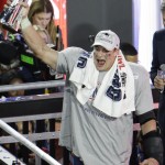 New England Patriots tight end Rob Gronkowski holds the Vince Lombardi Trophy after the second half of NFL Super Bowl XLIX football game against the Seattle Seahawks Sunday, Feb. 1, 2015, in Glendale, Ariz. The New England Patriots won 28-24. (AP Photo/Charlie Riedel)