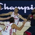 United States's James Harden, tries to controls the ball in front Turkey's Omer Asik, left, Cenk Akyol, and Sinan Guler, center back, during the Group C Basketball World Cup match, in Bilbao northern Spain, Sunday, Aug. 31, 2014. The 2014 Basketball World Cup competition take place in various cities in Spain from last Aug. 30 through to Sept. 14. (AP Photo/Alvaro Barrientos)
