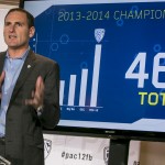 Pac-12 Commissioner Larry Scott delivers the opening remarks of the 2014 Pac-12 NCAA college football media days at Paramount Studios in Los Angeles Wednesday, July 23, 2014. (AP Photo)