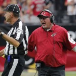 Arizona Cardinals head coach Bruce Arians yells to an official during the first half of an NFL football game against the San Francisco 49ers, Sunday, Sept. 21, 2014, in Glendale, Ariz. (AP Photo/Rick Scuteri)