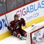 Arizona Coyotes center Antoine Vermette, left, celebrates after scoring against the New York Rangers during the second period of an NHL hockey game, Saturday, Feb. 14, 2015, in Glendale, Ariz. (AP Photo/Rick Scuteri)