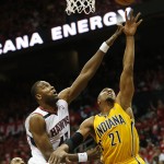  Indiana Pacers forward David West (21) shoots as Atlanta Hawks forward Elton Brand (42) defends in the first half of Game 6 of a first-round NBA basketball playoff series in Atlanta, Thursday, May 1, 2014. (AP Photo/John Bazemore)