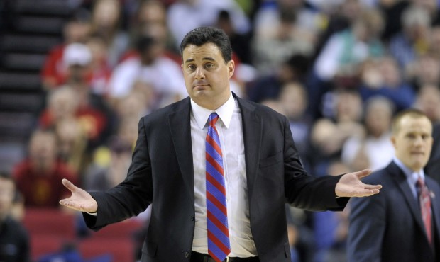 Arizona coach Sean Miller gestures from the bench during the first half against Texas Southern in t...