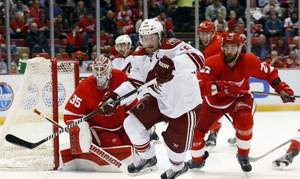 Arizona Coyotes right wing Shane Doan (19) chases the puck against the Detroit Red Wings during the...