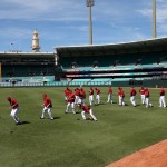 The Arizona Diamondbacks train at the Sydney Cricket Ground in Sydney, Tuesday, March 18, 2014. The Major League Baseball season-opening two-game series between the Los Angeles Dodgers and Arizona Diamondbacks in Sydney will be played this weekend. (AP Photo/Rick Rycroft)