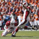 Arizona Cardinals kicker Chandler Catanzaro, right, boots a field goal as teammate Dave Zastudil (9) holds during the first half of an NFL football game against the Denver Broncos, Sunday, Oct. 5, 2014, in Denver. (AP Photo/Joe Mahoney)
