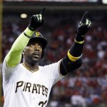National League's Andrew McCutchen, of the Pittsburgh Pirates, reacts after hitting a home run during the sixth inning of the MLB All-Star baseball game, Tuesday, July 14, 2015, in Cincinnati. (AP Photo/Jeff Roberson)
