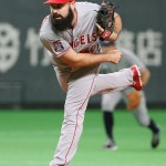MLB All-Stars starter Matt Shoemaker pitches against Japan during Game-5 of their exhibition baseball series at Sapporo Dome in Sapporo, northern Japan, Tuesday, Nov. 18, 2014. (AP Photo/Kyodo News)