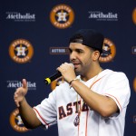 Grammy Award-winning artist Drake speaks at a press conference before a baseball game against the Arizona Diamondbacks and the Houston Astros, Thursday, June 12, 2014, in Houston. (AP Photo/Patric Schneider)