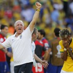 Brazil's coach Luiz Felipe Scolari, left, and Brazil's Neymar react at the end of the penalties shoot-out during the World Cup round of 16 soccer match between Brazil and Chile at the Mineirao Stadium in Belo Horizonte, Brazil, Saturday, June 28, 2014. Brazil won 3-2 on penalties.(AP Photo/Frank Augstein)
