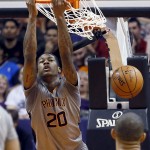 Phoenix Suns' Archie Goodwin (20) dunks against the New Orleans Pelicans during the first half of an NBA basketball game, Thursday, March 19, 2015, in Phoenix. (AP Photo/Matt York)