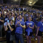 Duke students gather in Cameron Indoor Stadium in Durham, N.C., to watch a broadcast of the NCAA Final Four college basketball game between Duke and Wisconsin, Monday, April 6, 2015. (AP Photo/Gerry Broome)