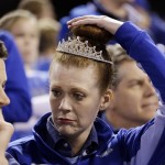A Kansas City Royals fan reacts during the eighth inning of Game 1 of baseball's World Series against the San Francisco Giants Tuesday, Oct. 21, 2014, in Kansas City, Mo. (AP Photo/David J. Phillip)