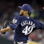  Milwaukee Brewers' Yovani Gallardo throws a pitch against the Arizona Diamondbacks during the first inning of a baseball game on Thursday, June 19, 2014, in Phoenix. (AP Photo/Ross D. Franklin)