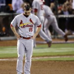St. Louis Cardinals' Randal Grichuk reacts after flying out against the San Francisco Giants to end the top of the eighth inning of Game 4 of the National League baseball championship series Wednesday, Oct. 15, 2014, in San Francisco. (AP Photo/Jeff Chiu)
