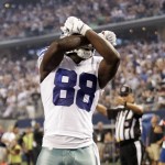 Dallas Cowboys wide receiver Dez Bryant (88) celebrates scoring against the Washington Redskins during the first half of an NFL football game, Monday, Oct. 27, 2014, in Arlington, Texas. (AP Photo/Tim Sharp)