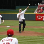 Former Cincinnati Reds' relief pitchers, from left, Rob Dibble, Randy Meyers, and Norm Charlton, known collectively as the "Nasty Boys", throw out the honorary first pitches before the opening day baseball game between the Pittsburgh Pirates and the Cincinnati Reds, Monday, April 6, 2015, in Cincinnati. (AP Photo/Gary Landers)