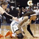 Minnesota Lynx guard Seimone Augustus, right, falls to the floor in celebration with teammate Lindsay Whalen, left, after tying up the score during the second half of Game 2 of the WNBA basketball Western Conference finals against the Phoenix Mercury, Sunday, Aug. 31, 2014, in Minneapolis. The Lynx won 82-77. (AP Photo/Stacy Bengs)