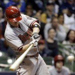  Arizona Diamondbacks' Aaron Hill hits a two-run home run during the eighth inning of a baseball game against the Milwaukee Brewers, Tuesday, May 6, 2014, in Milwaukee. (AP Photo/Morry Gash)