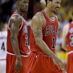 Chicago Bulls guard Derrick Rose (1) reacts during the second half of Game 1 against the Cleveland Cavaliers in a second-round NBA basketball playoff series Monday, May 4, 2015, in Cleveland. The Bulls won 99-92. (AP Photo/Tony Dejak)
