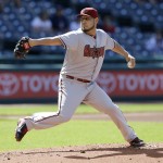  Arizona Diamondbacks starting pitcher Vidal Nuno delivers in the first inning of the first baseball game of a doubleheader against the Cleveland Indians, Wednesday, Aug. 13, 2014, in Cleveland. (AP Photo/Tony Dejak)