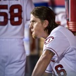 Los Angeles Angels' Jered Weaver watches the game from the dugout during a baseball game against the Arizona Diamondbacks at Angel Stadium, Monday, June 15, 2015 in Anaheim, Calif. (Matt Masin/The Orange County Register via AP)