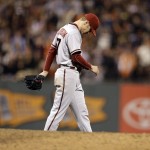 Arizona Diamondbacks' Chase Anderson walks off the mound after being hit in the leg by a ball hit by San Francisco Giants' Buster Posey during the seventh inning of a baseball game Friday, June 12, 2015, in San Francisco. (AP Photo/Ben Margot)
