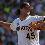 Pittsburgh Pirates starting pitcher Gerrit Cole delivers during the first inning of a baseball game against the Philadelphia Phillies in Pittsburgh, Friday, July 4, 2014. (AP Photo/Gene J. Puskar)