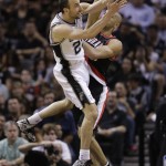 San Antonio Spurs' Manu Ginobili (20), of Argentina, is defended by Portland Trail Blazers' Nicolas Batum, right, during the second half of Game 2 of a Western Conference semifinal NBA basketball playoff series, Thursday, May 8, 2014, in San Antonio. San Antonio won 114-97. (AP Photo/Eric Gay)