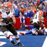 Cleveland Browns defensive back Jim Leonhard intercepts a pass from Buffalo Bills quarterback Kyle Orton during the first half of an NFL football game, Sunday, Nov. 30, 2014, in Orchard Park, N.J. (AP Photo/Bill Wippert)